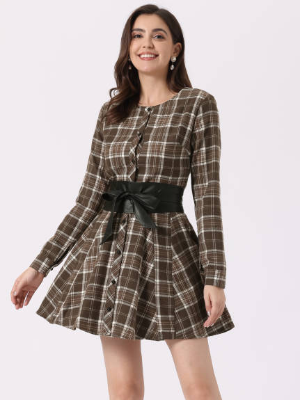 Allegra K- Plaid Long Sleeve Belted A-Line Shirt Dress