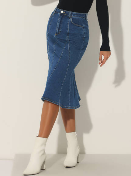 Allegra K- Fishtail Hem Bodycon Midi Denim Skirt