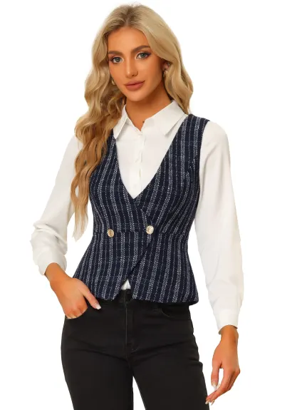 Allegra K- Vintage Tweed Double Breasted Sleeveless Plaid Jacket