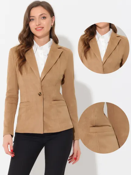 Allegra K- Notched Lapel Button Faux Suede Blazer