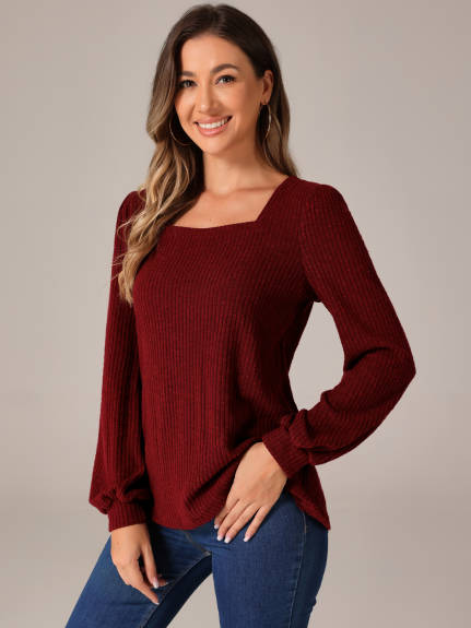 Allegra K - Square Neck Ribbed Knit Long Sleeve Top