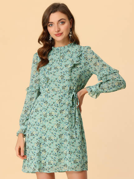 Allegra K- Floral Tie Waist Ruffle Sleeve Chiffon Dress