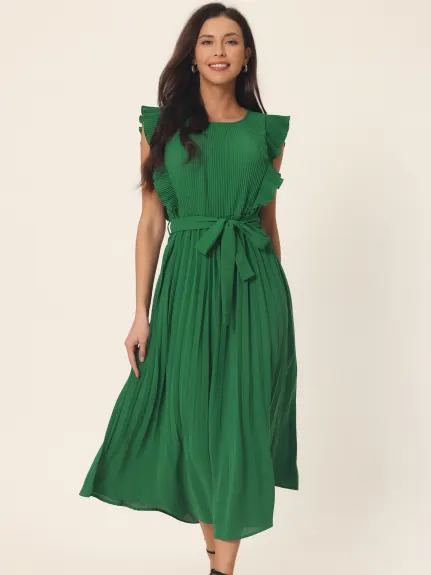 Allegra K - Ruffle Sleeveless Tie Waist Pleated Dress