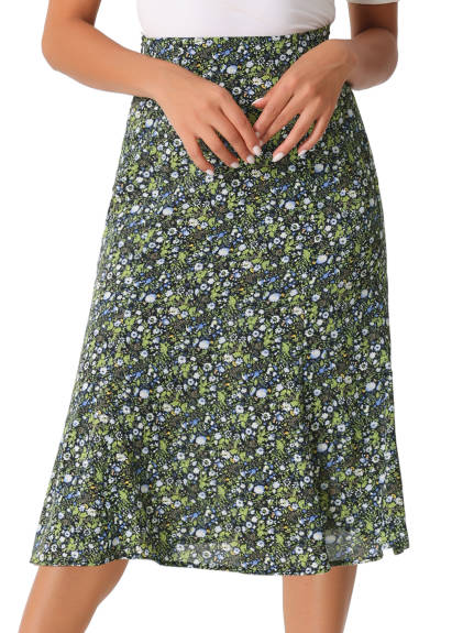 Allegra K- Elastic Waist A-Line Midi Leave Print Skirt