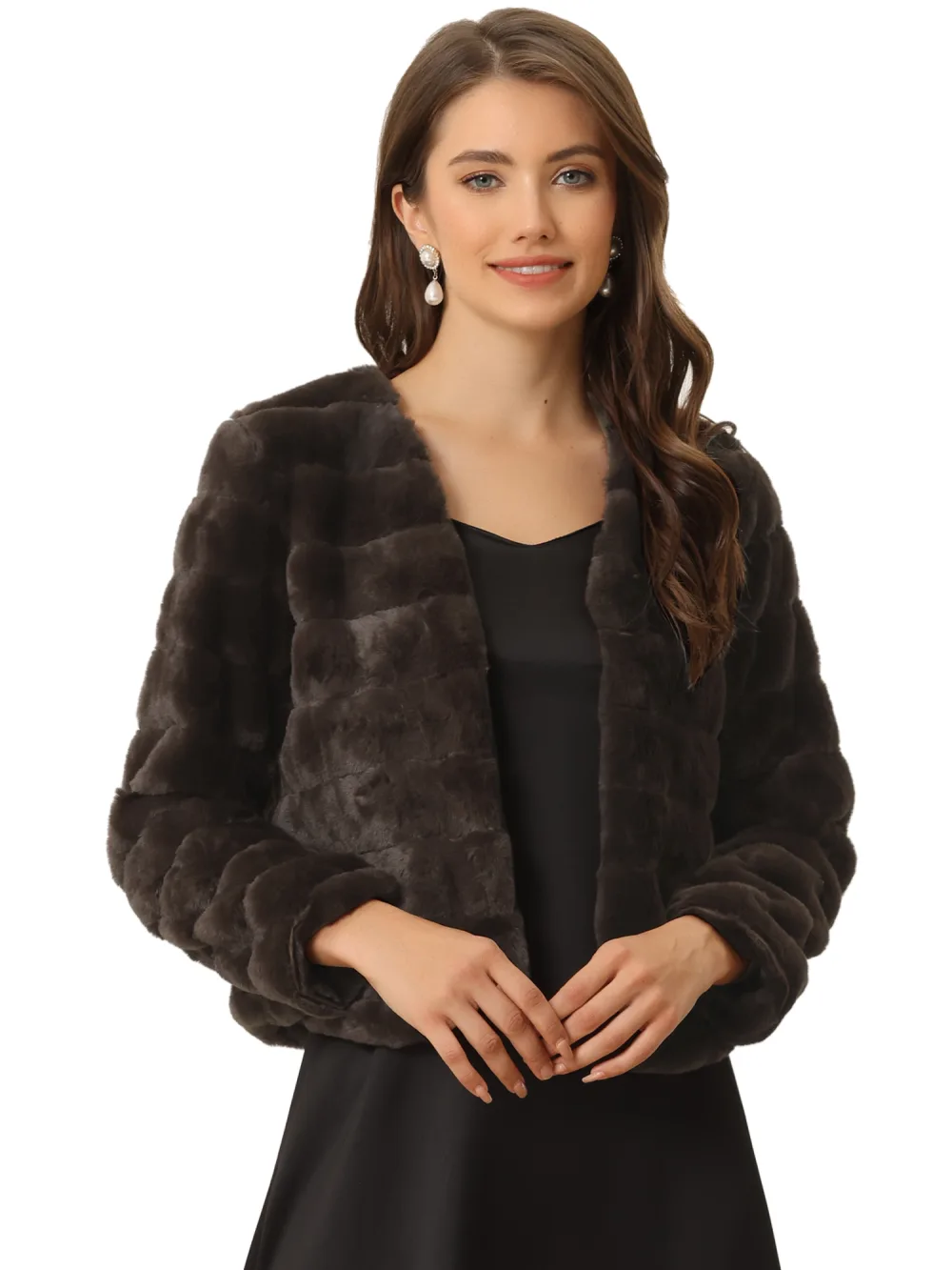Allegra K- Cropped Collarless Faux Fur Fluffy Coat Jacket