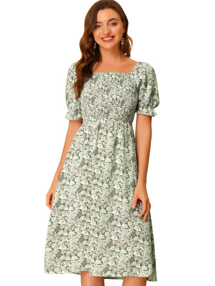 Allegra K- Square Neck Puff Sleeves Midi Smocked Floral Dress