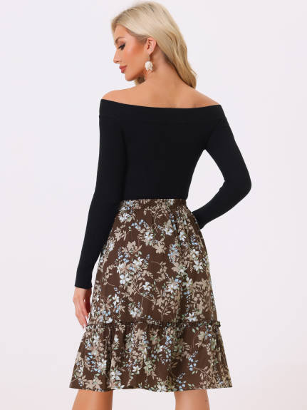 Allegra K- Ruffle Hem Tiered A-Line Floral Midi Skirt