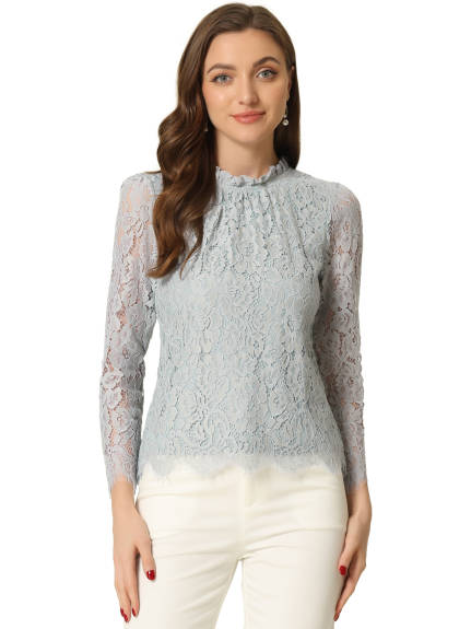 Allegra K- Ruffle Round Neck Long Sleeve Lace Floral Blouse