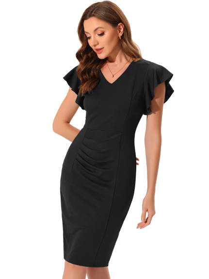 Allegra K- Ruffle Sleeve Ruched Bodycon Dress