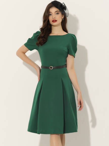 Allegra K- Elegant Belted Boat Neck Short Sleeve Dress