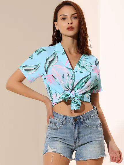 Allegra K- Beach Tropical Floral Leaves Button Down Shirts