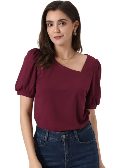 Allegra K - Asymmetrical Neckline Short Sleeve Top