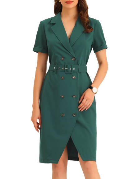 Allegra K- Short Sleeve Double Breasted Belted Blazer Dress