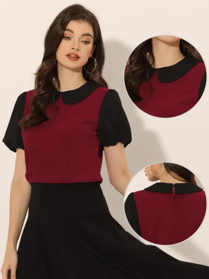 Allegra K- Peter Pan Collar Contrast Puff Top