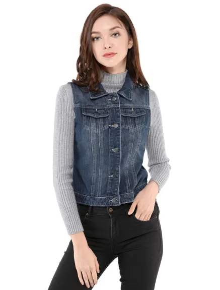 Allegra K- Gilet boutonné en denim délavé avec poches à rabat