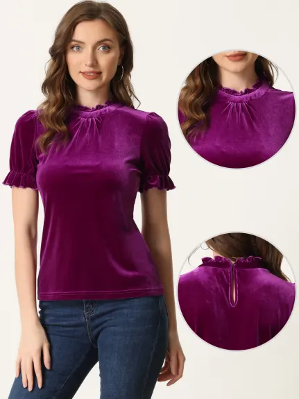 Allegra K- Ruffle Collar Short Sleeve Velvet Blouse