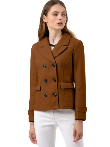 Allegra K- Worsted Notched Lapel Double Breasted Overcoat