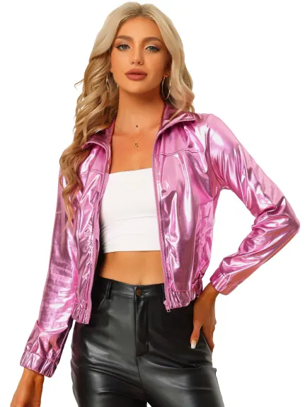 Allegra K- Metallic Veste de survêtement courte zippée brillante sur le devant