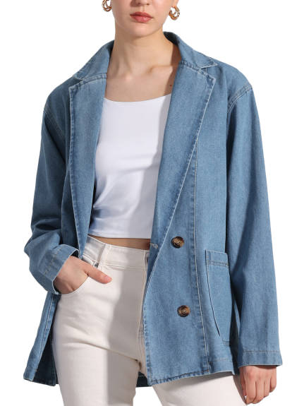 Allegra K - Notched Lapel Oversized Denim Blazer Jacket