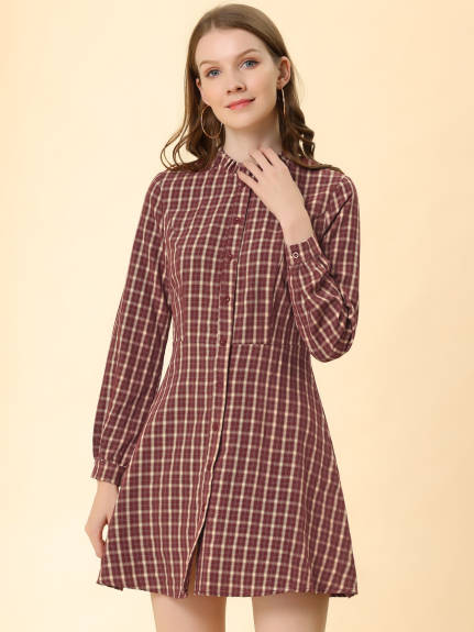 Allegra K- Check Ruffle Neck Long Sleeve A-Line Shirt Dress