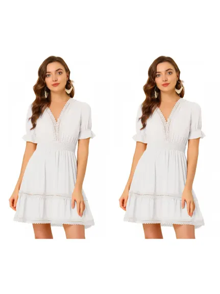 Allegra K- Mini robe bohème à col en V et taille élastique smockée à manches courtes