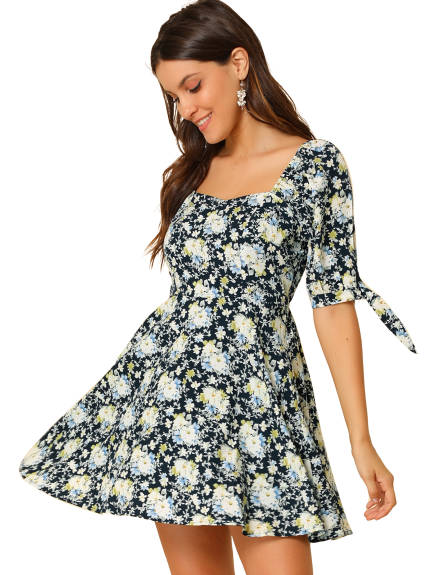 Allegra K- Floral Sweetheart Neck Flare A-Line Mini Dress