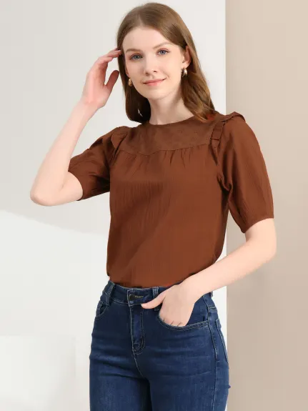 Allegra K - Cotton Round Neck Short Sleeve Ruffle Top