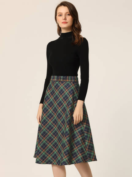 Allegra K- Plaid Tartan Belted A-Line Midi Skirt