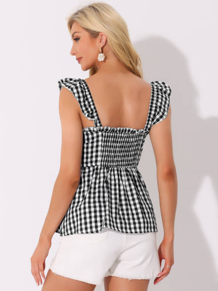 Allegra K- Gingham Peplum Square Neck Blouse