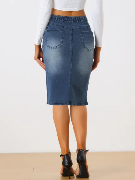 Allegra K- Jupe crayon en denim fendue à taille élastique