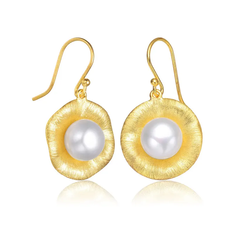 Genevive Sterling Silver 14k Gold Plated with Genuine Freshwater Round Pearl Curvy Earrings