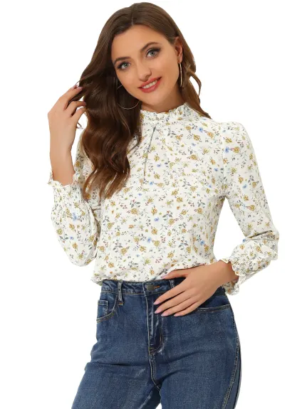 Allegra K- Ruffled Mock Neck Smocked Printed Blouse