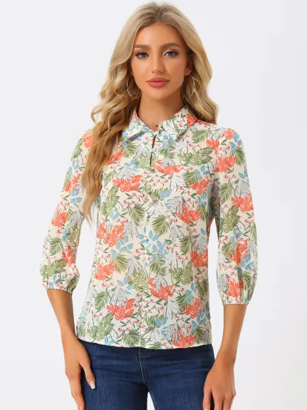 Allegra K- Collared 3/4 Sleeves Leaves Print Top