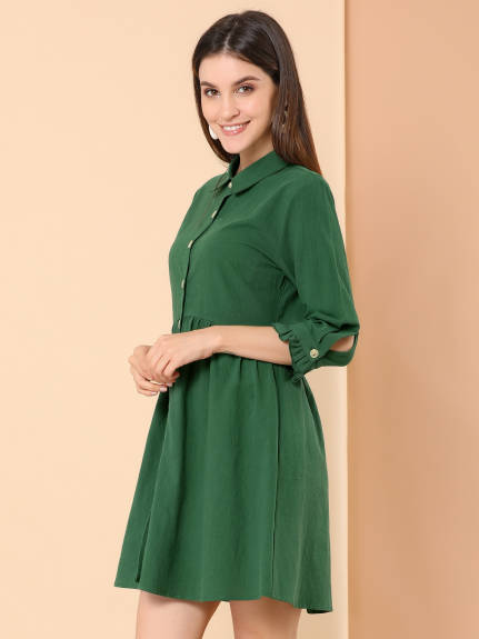 Allegra K- 3/4 Sleeve Button Up Flare Shirt Dress