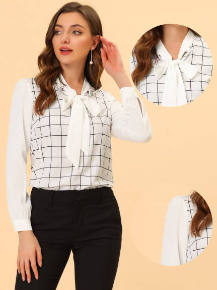 Allegra K- Plaid Long Sleeve Bow Tie Neck Blouse