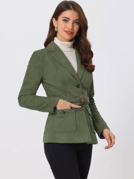 Allegra K- Faux Suede Belted Single Breasted Blazer Jacket Coat