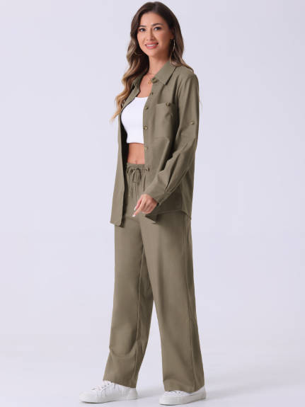 Allegra K - Button Down Shirt and Pants Linen Set