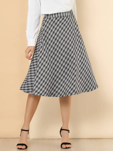 Allegra K- Plaid Tartan Belted A-Line Midi Skirt