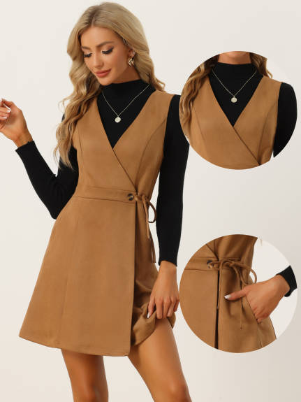 Allegra K- V Neck A-Line Suede Pinafore Dress