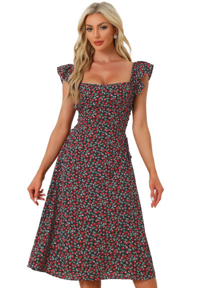 Allegra K - Cherry Print Lace-up Cap Sleeve Midi Dress