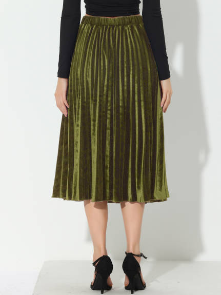 Allegra K- Winter Elastic Waist Velvet Pleated Midi Skirt