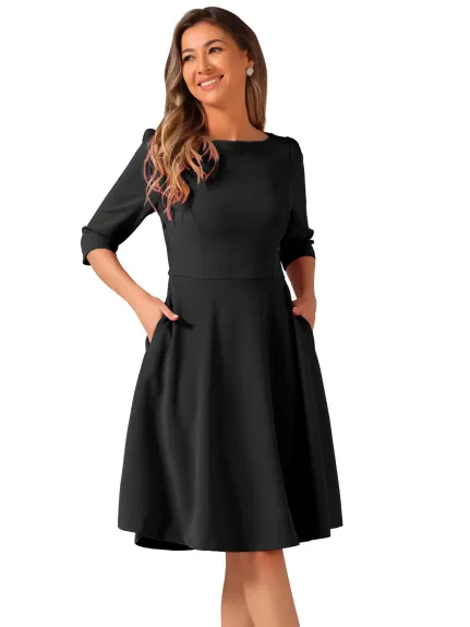 Allegra K - Boat Neck Short Sleeves Midi Office Dress