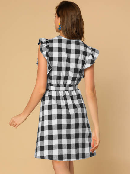 Allegra K- Ruffled Sleeve Belted A-Line Plaids Dress