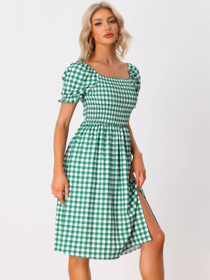 Allegra K- Short Sleeve Slit Plaid Dress