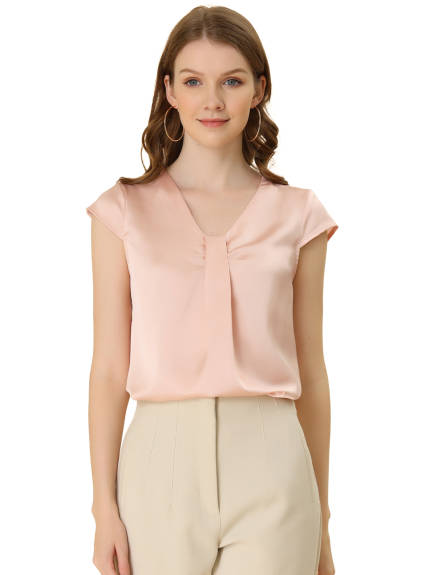 Allegra K- Satin Cap Sleeve Pleated V-Neck Elegant Top