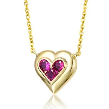 Rachel Glauber 14k Gold Plated with Ruby Red Cubic Zirconia Cluster Petite Heart Halo Pendant Necklace