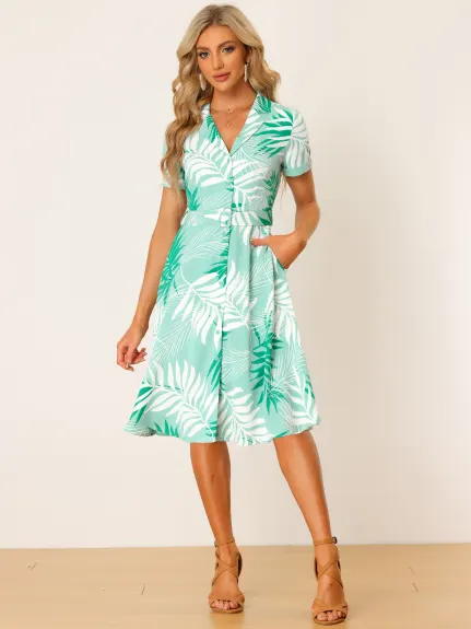 Allegra K- Tropical Print Short Sleeve V Neck Belted Shirt Dress