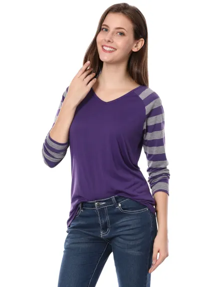 Allegra K- Stripe Raglan Long Sleeve V Neck T-Shirt