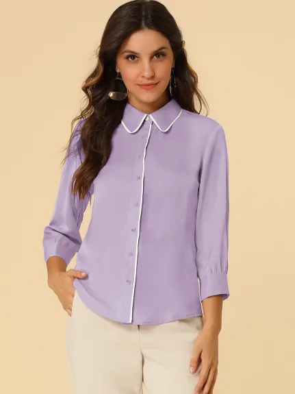 Allegra K- 3/4 Sleeve Contrast Color Tie Neck Shirt