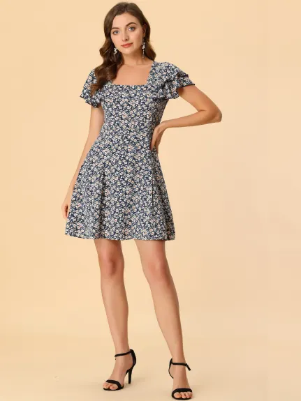 Allegra K- Robe évasée florale plissée à col carré pour femme